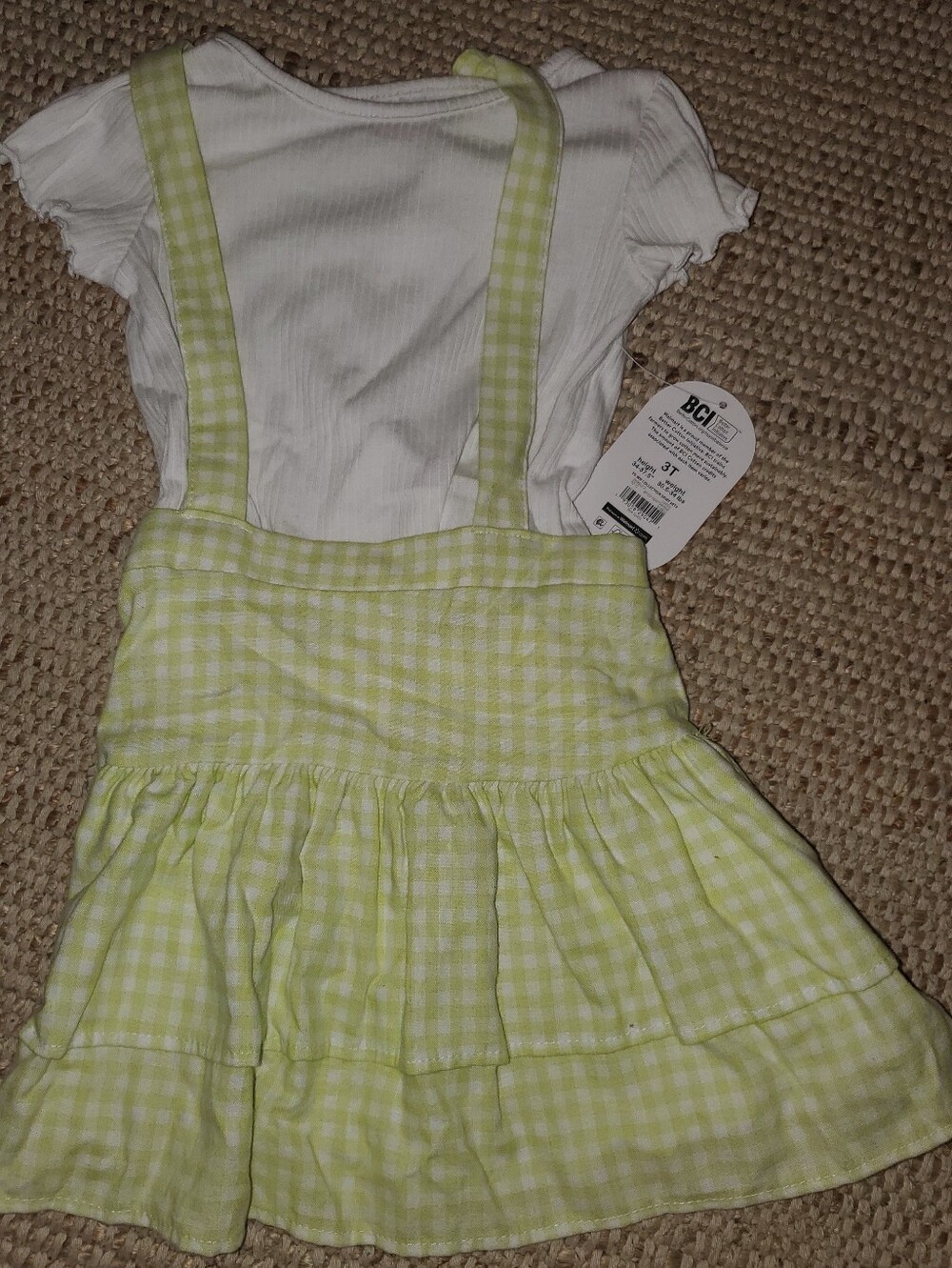 Girls 3T Lime Green Gingham Ruffle Suspender Dress with White Top